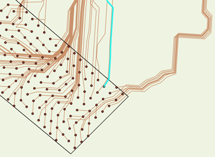 Map showing many paths starting from destinations close together converging and traveling side by side toward a source