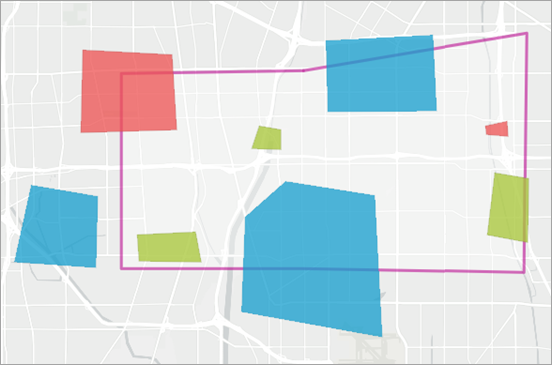 Input colored polygons in red, blue and green, and a single transparent polygon with a pink outline